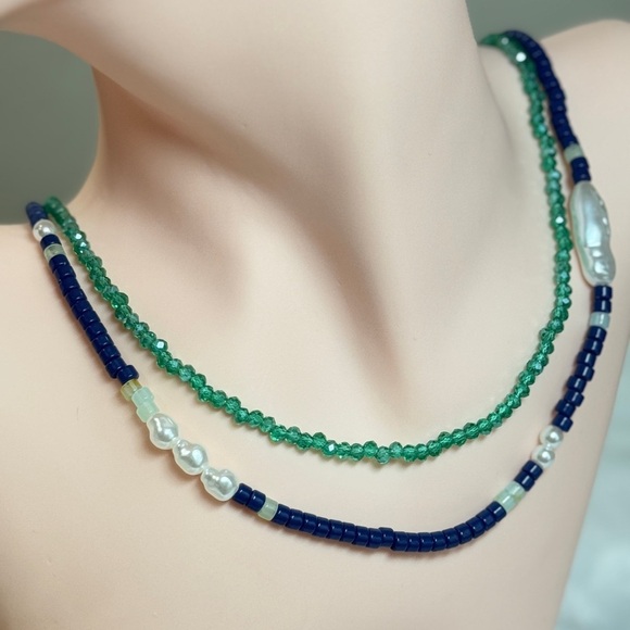 Anthropologie Jewelry - Classic Design Blue and Green, and Pearl Beaded Necklace